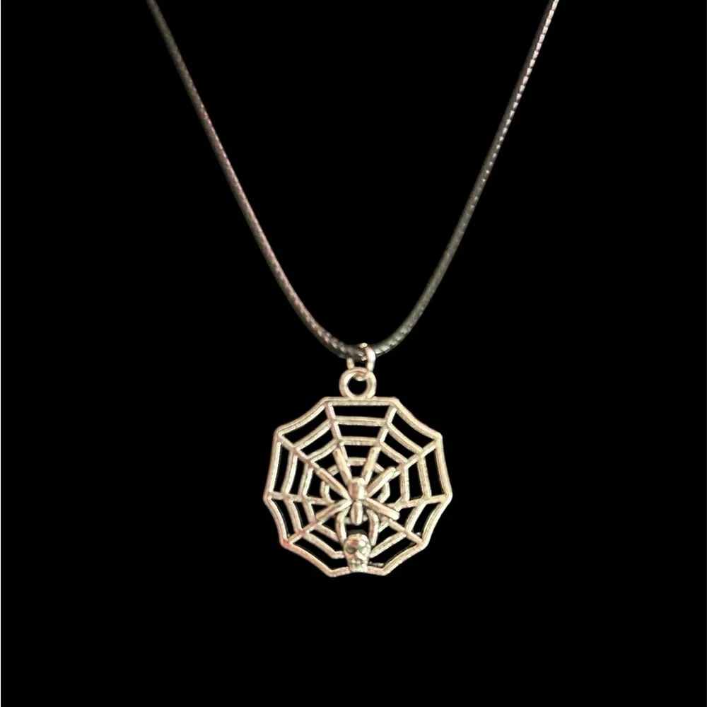 Spider Web Skull Pendant Necklace Gothic Aesthetic Black Cord Jewelry Unisex